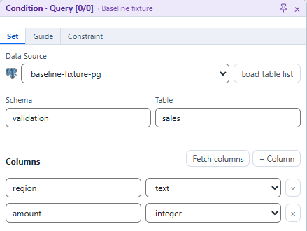 The Condition panel: data source, schema, table and columns.