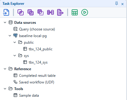 Task Explorer: schemas and tables under a data source.