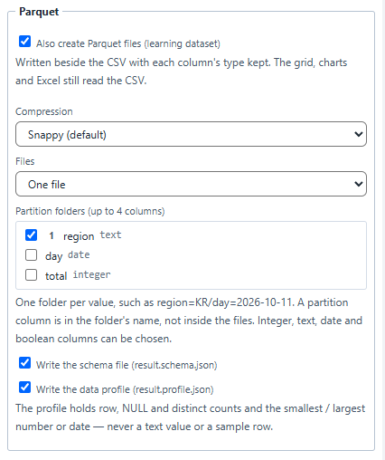 The Parquet group in a Report's output settings.